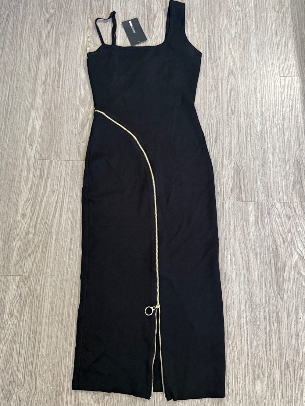 Fashion Nova Black One-Shoulder Maxi Dress with Gold Trim Zip Sz XL